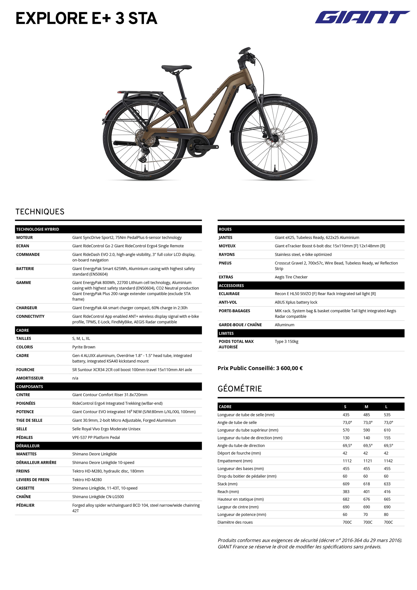 Fiche technique du velo électrique Explore E+ 3 STA année 2026